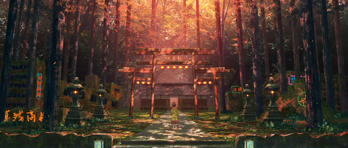 This is a pixiv picture whose title is 大炎刻街「飾燈神社」.