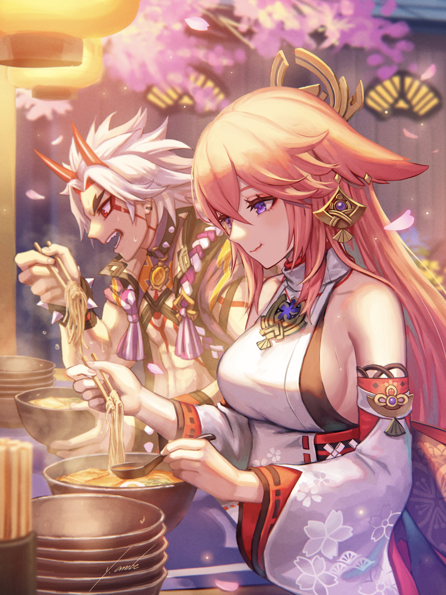 This is a pixiv picture whose title is 八重神子と荒瀧一斗、ラーメンを食う.