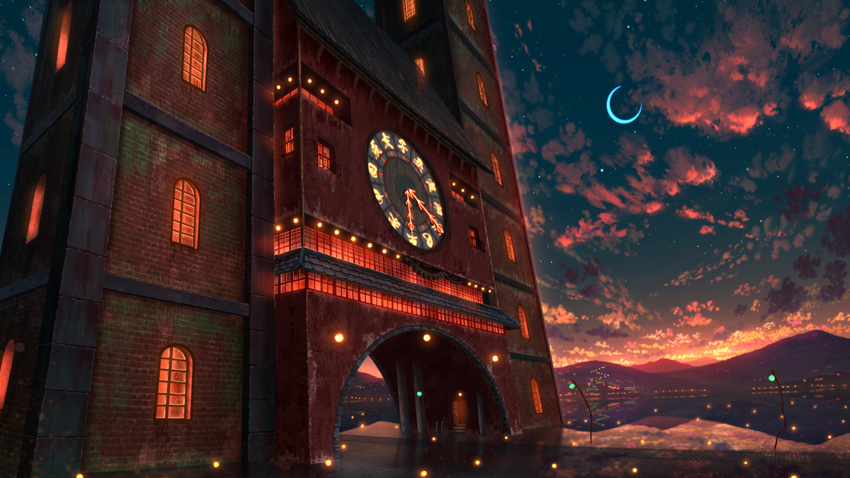 This is a pixiv picture whose title is 「大炎刻街　時計塔」.