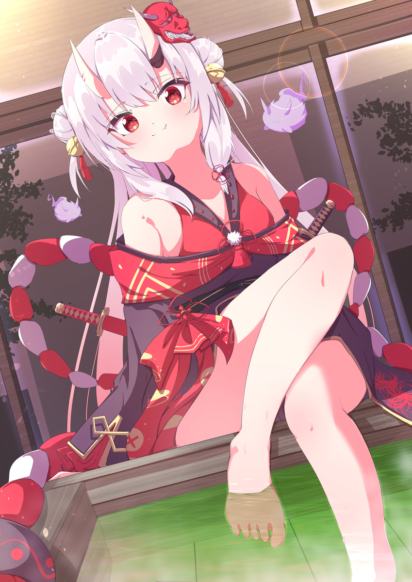 This is a pixiv picture whose title is 足湯　百鬼あやめ.