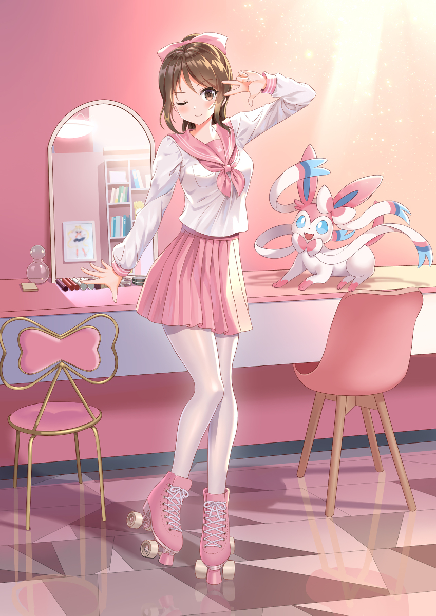 This is a pixiv picture whose title is 粉色轮滑少女与仙子伊布的合影.