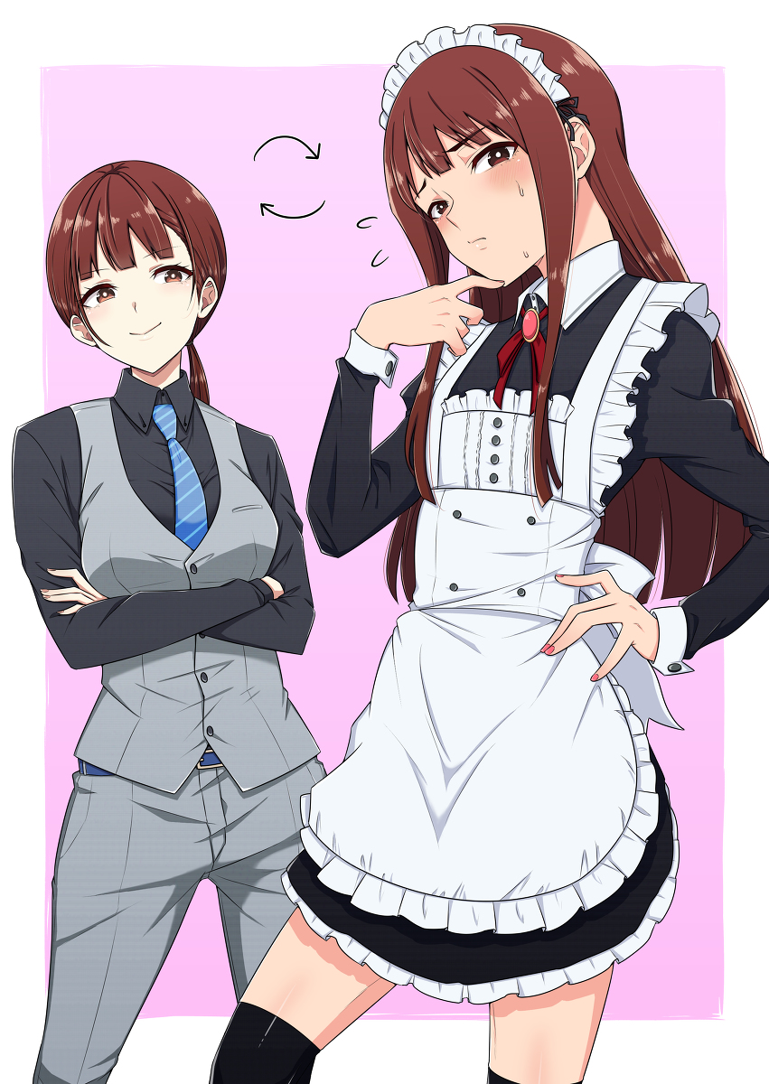 This is a pixiv picture whose title is 男装主人？と女装メイド？.