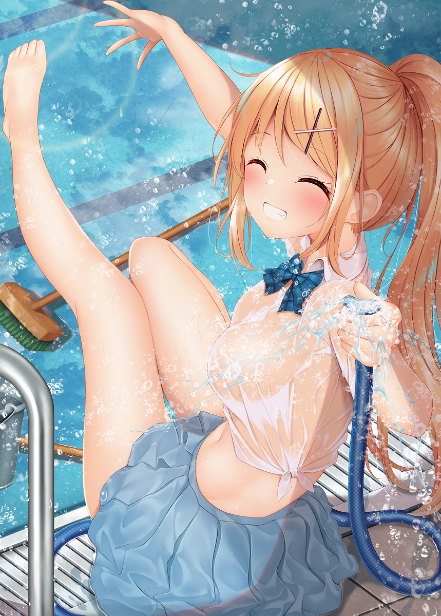 This is a pixiv picture whose title is 『プール掃除・レッツエンジョイデース！』.