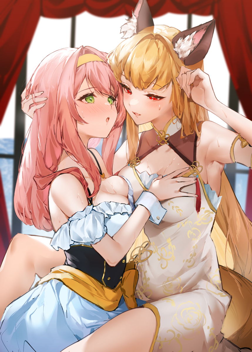This is a pixiv picture whose title is ツンデレご主人様とケモミミ従者がゆく魔族討伐の百合旅.