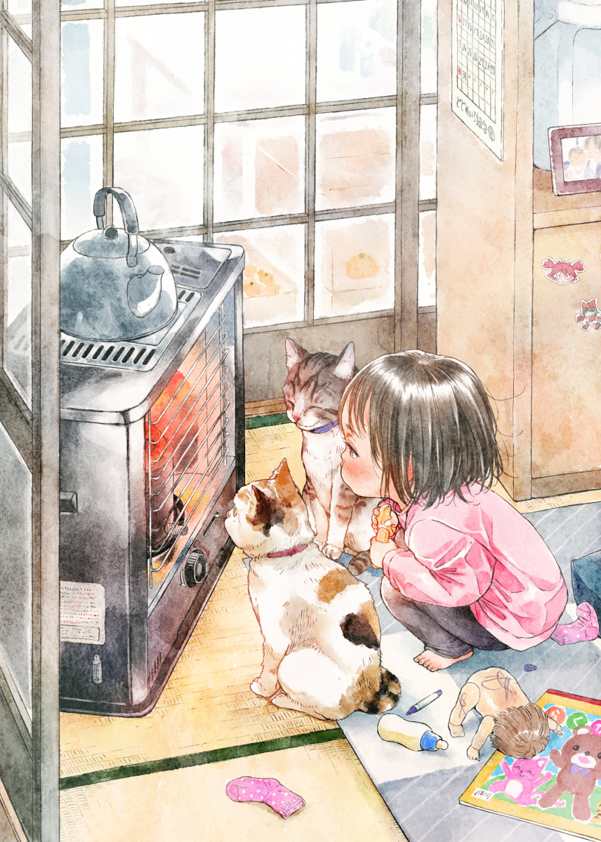 This is a pixiv picture whose title is 石油ストーブで暖を取る哺乳類たち.