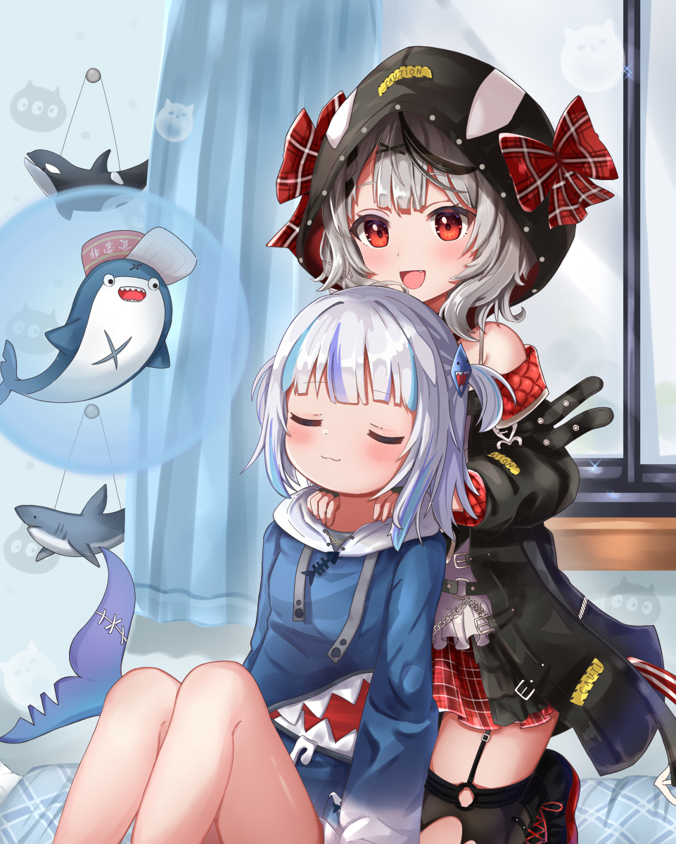 This is a pixiv picture whose title is サメちゃんの肩を揉むクロヱ.