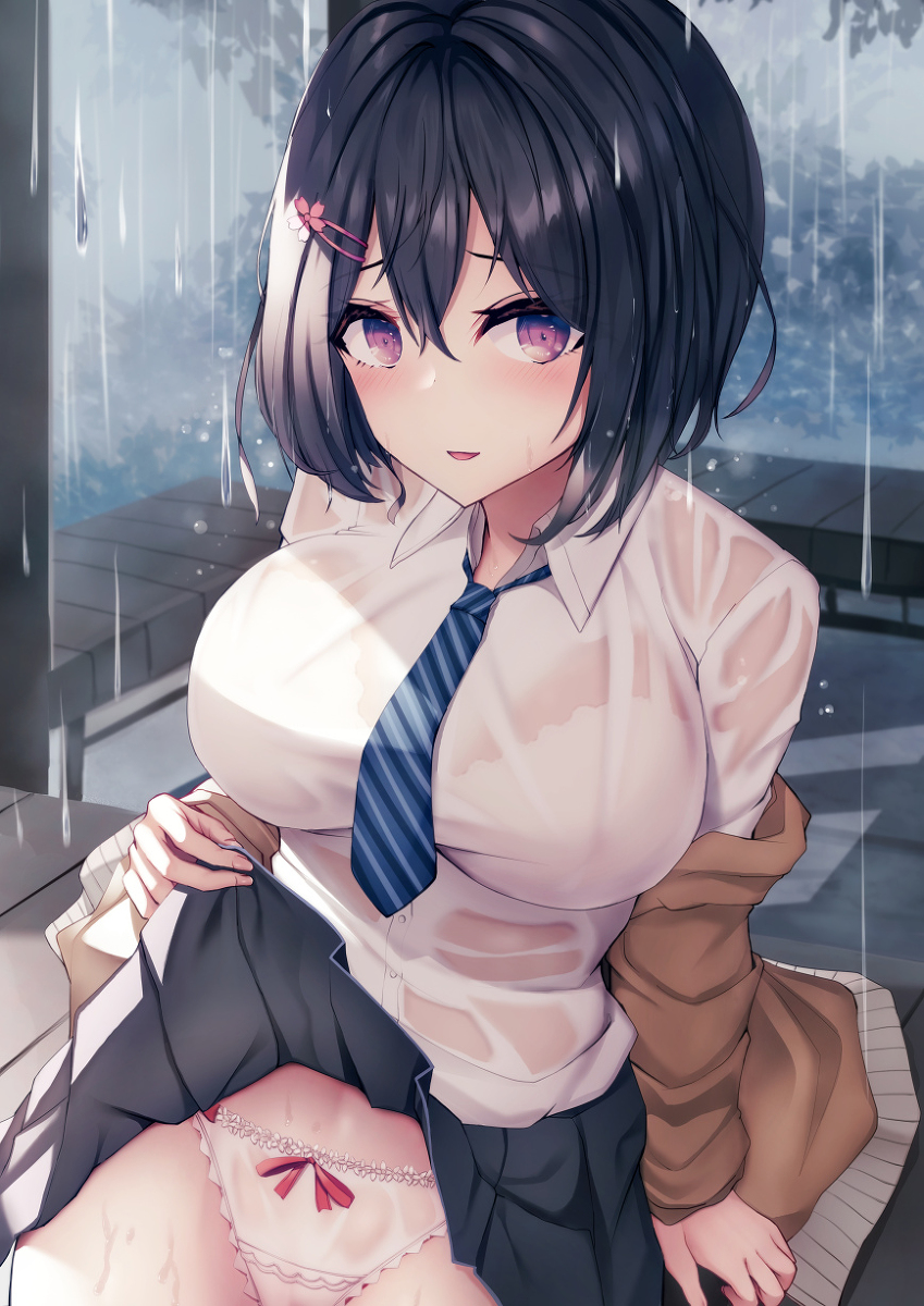 This is a pixiv picture whose title is 幼馴染と雨宿り.