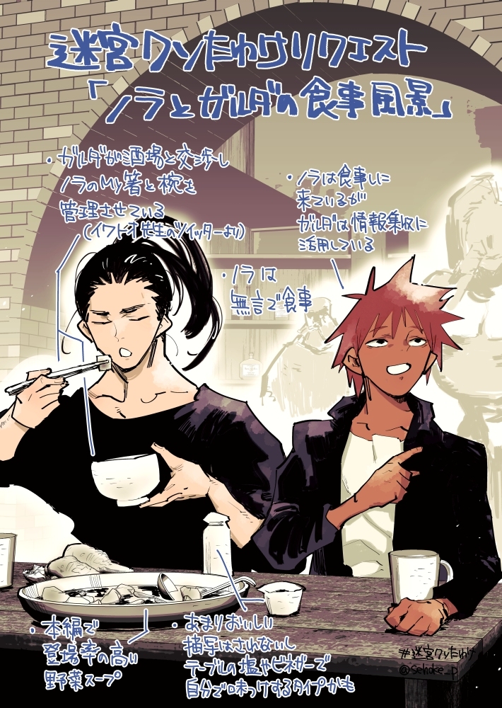 This is a pixiv picture whose title is 迷宮クソたわけリクエスト「ノラとガルダの食事シーン」.