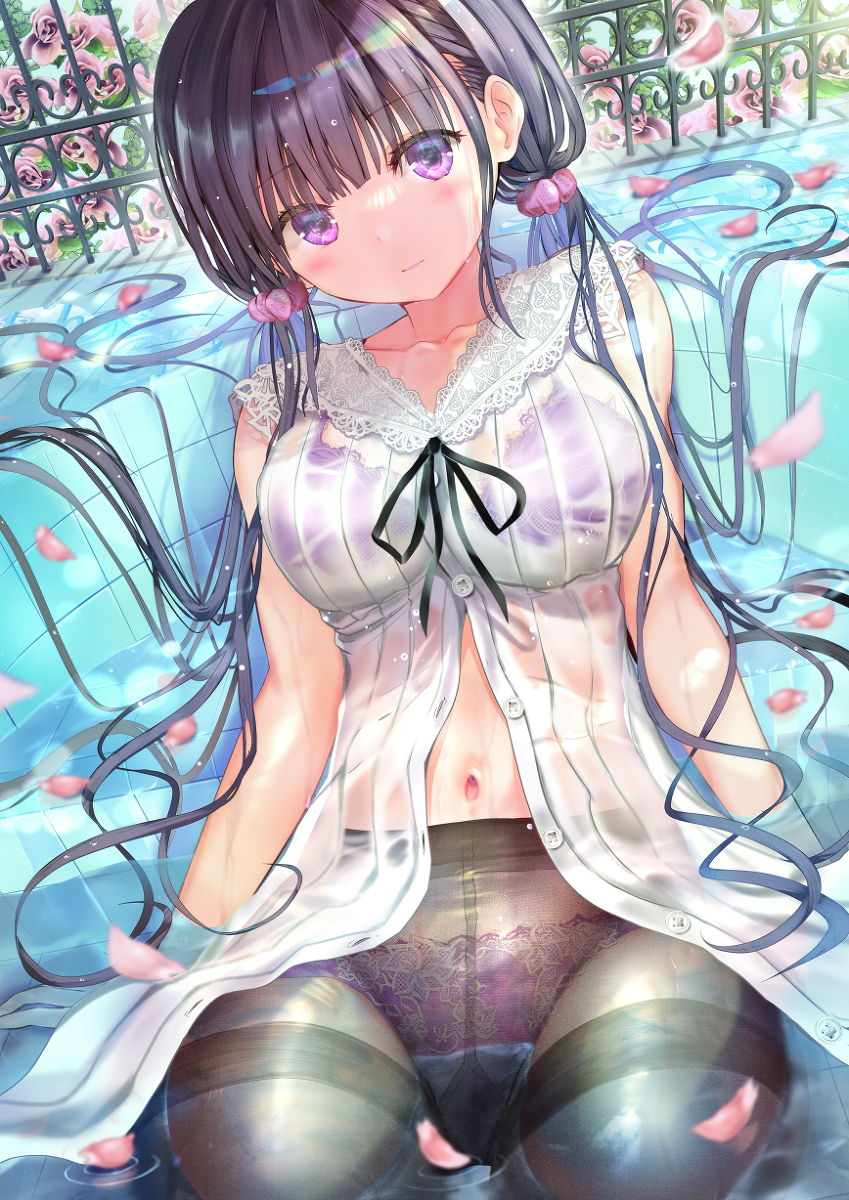 This is a pixiv picture whose title is 花びら×濡れ透け白ワンピ×濡れタイツの女の子.