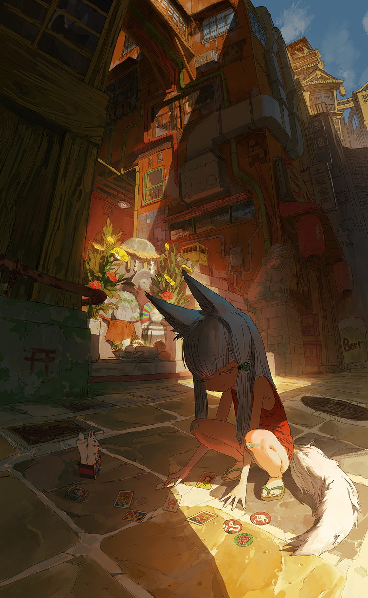 This is a pixiv picture whose title is 子狐のめんこ遊び.