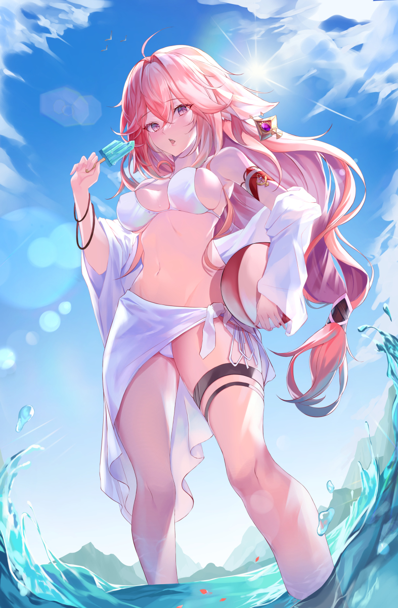 This is a pixiv picture whose title is Miko swimmingsuit.