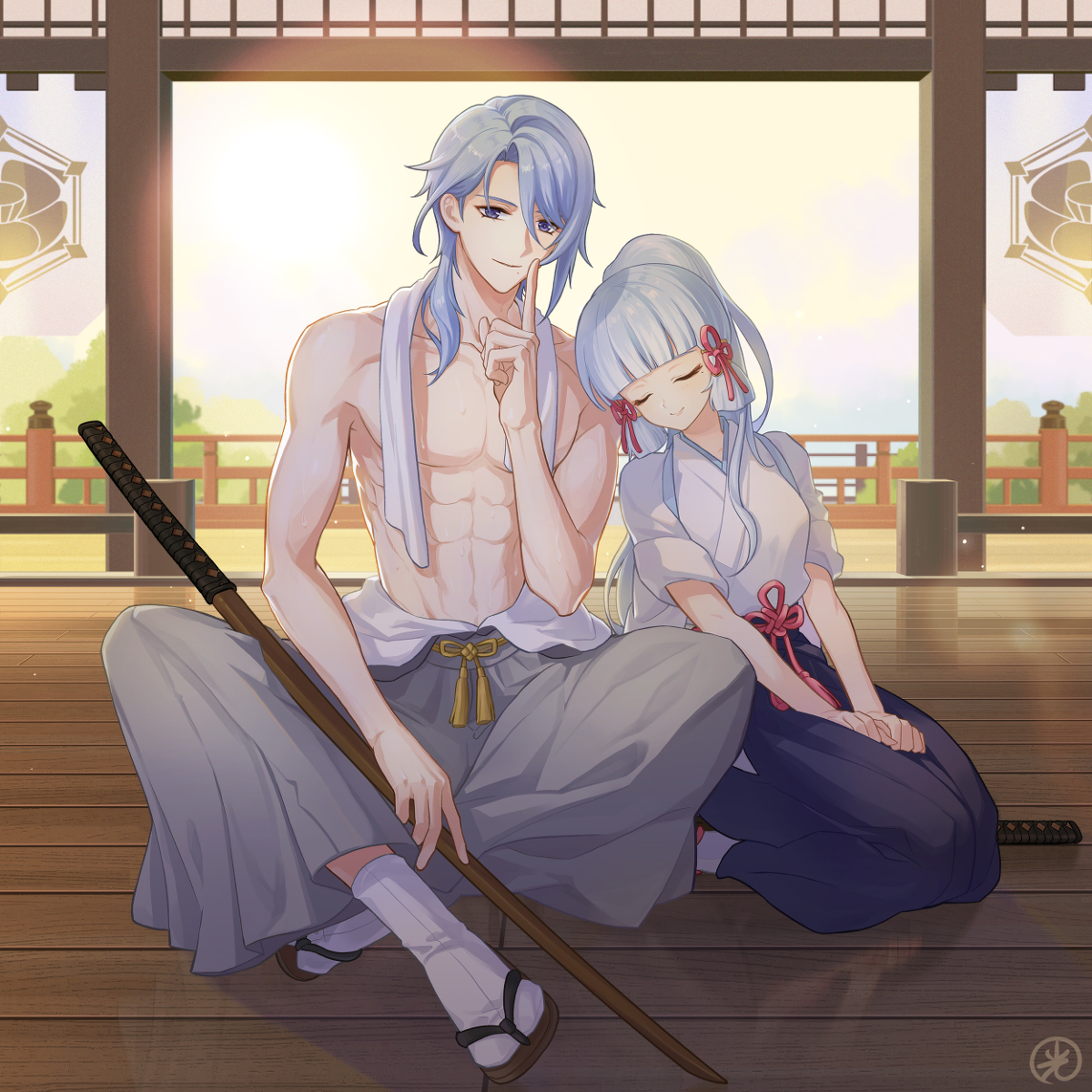 This is a pixiv picture whose title is 温柔且坚强的神里兄妹，小憩。.