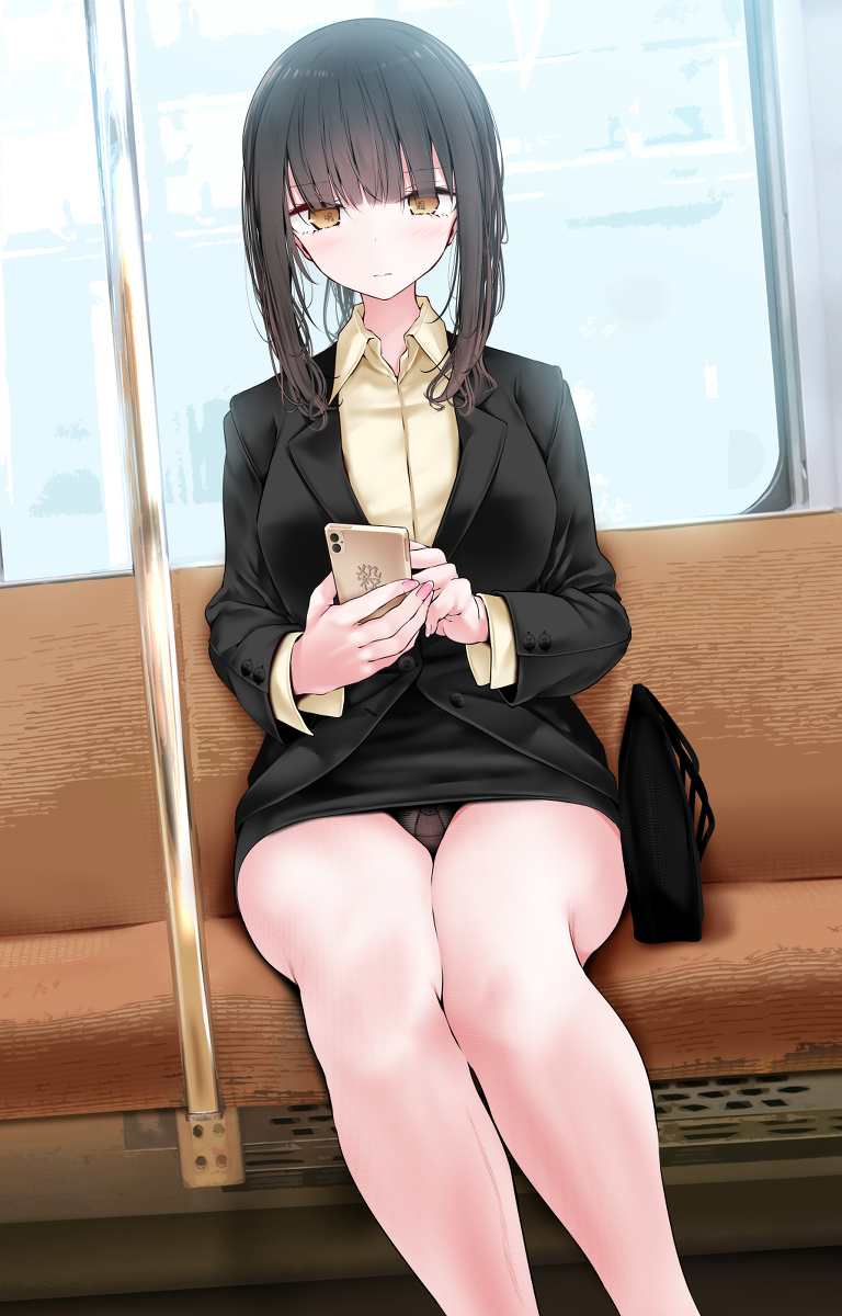 This is a pixiv picture whose title is 通勤電車内でぱんつを見られてる事に気付いた新入社員ちゃん.