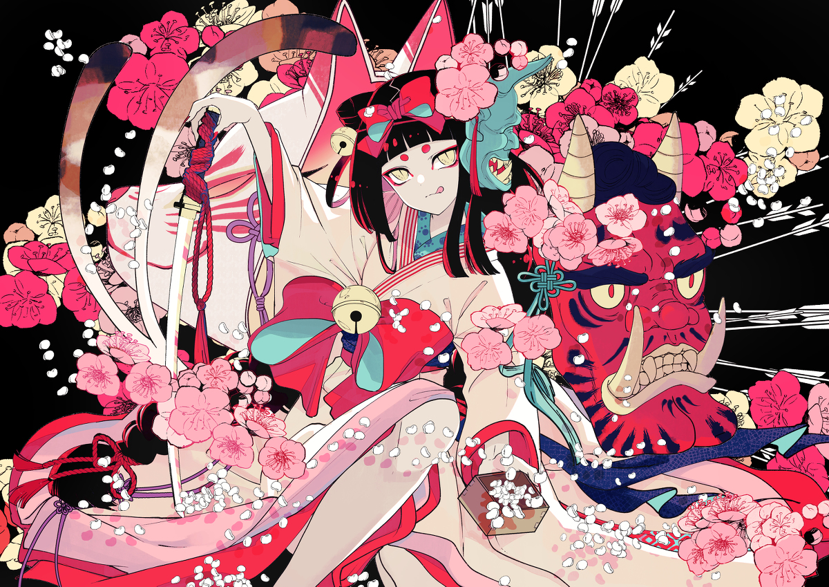 This is a pixiv picture whose title is 猫又の鬼退治.