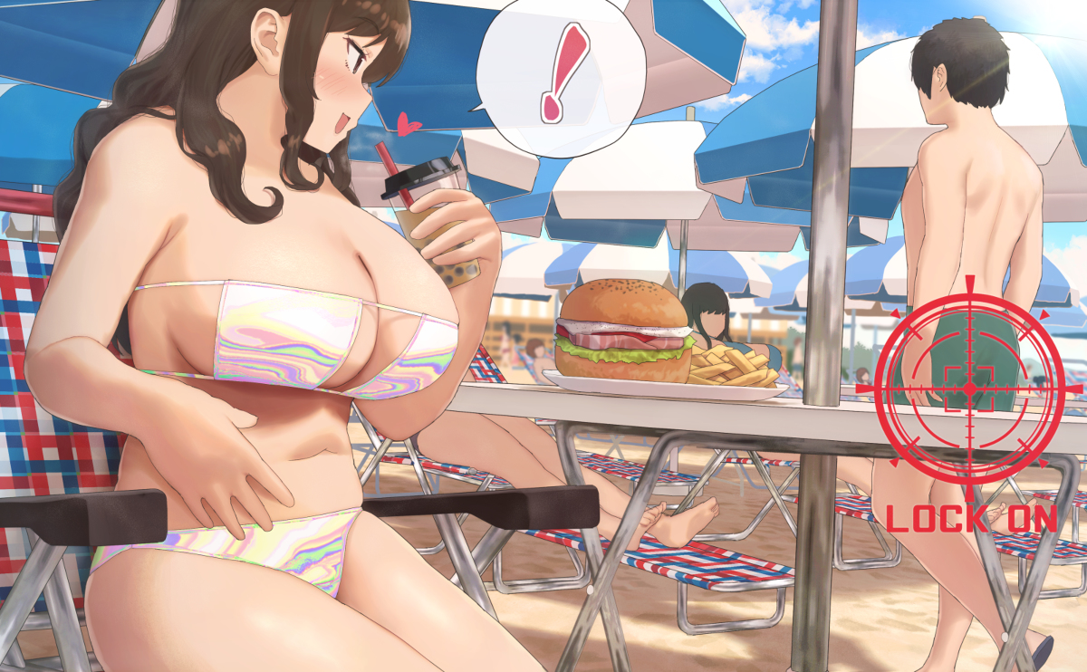 This is a pixiv picture whose title is ビーチで狙いを定めるビキニのお姉さん.