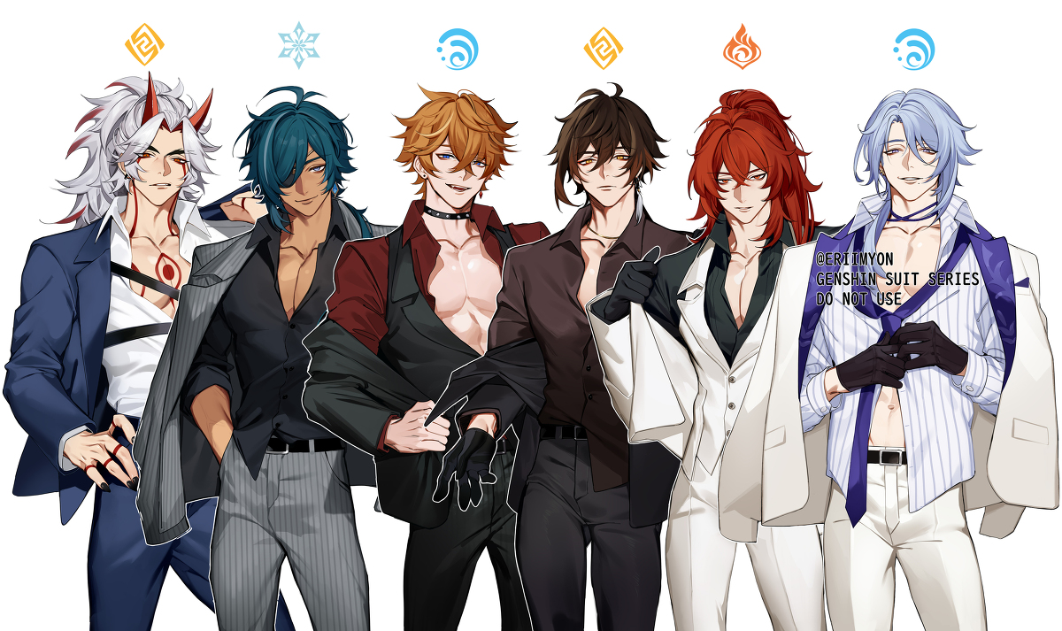 This is a pixiv picture whose title is Genshin men in suits.