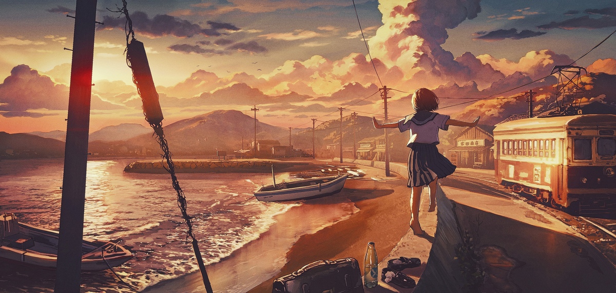 This is a pixiv picture whose title is 夕焼け飛行.