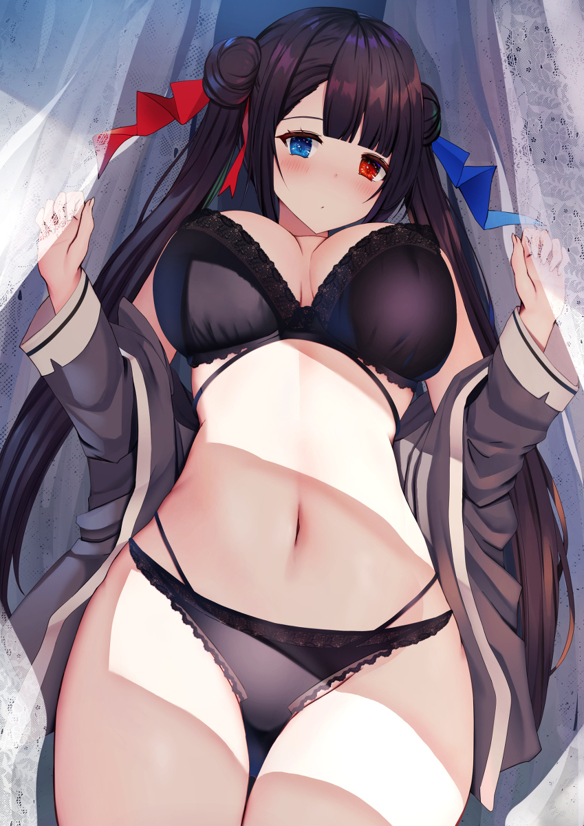 This is a pixiv picture whose title is 黒下着ツインテ娘.