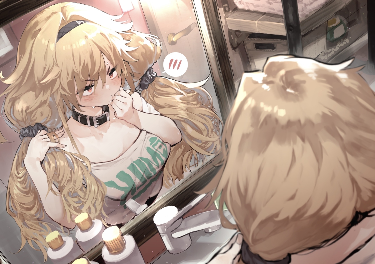 This is a pixiv picture whose title is 【強化人類アムネロ】一人髪いじり【アムネロ】.