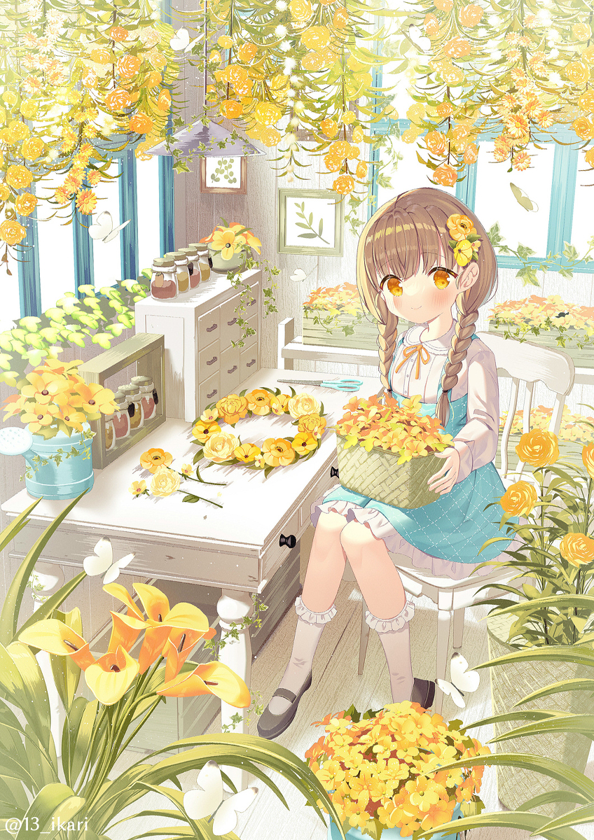 This is a pixiv picture whose title is 黄色い花のリース.