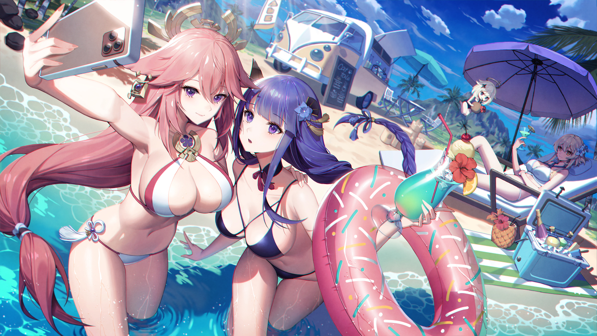 This is a pixiv picture whose title is 海辺の雷電将軍と八重神子.