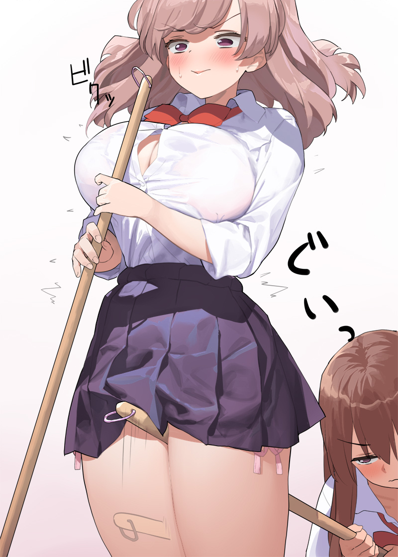 This is a pixiv picture whose title is 掃除中に箒でじゃれあう紐パンJK達（2枚）.