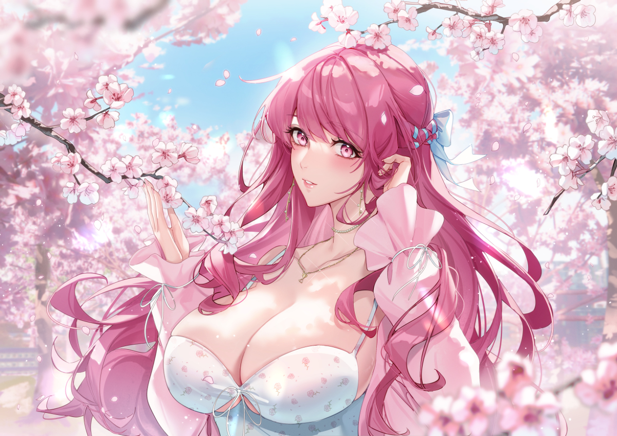 This is a pixiv picture whose title is 年下彼女と桜.