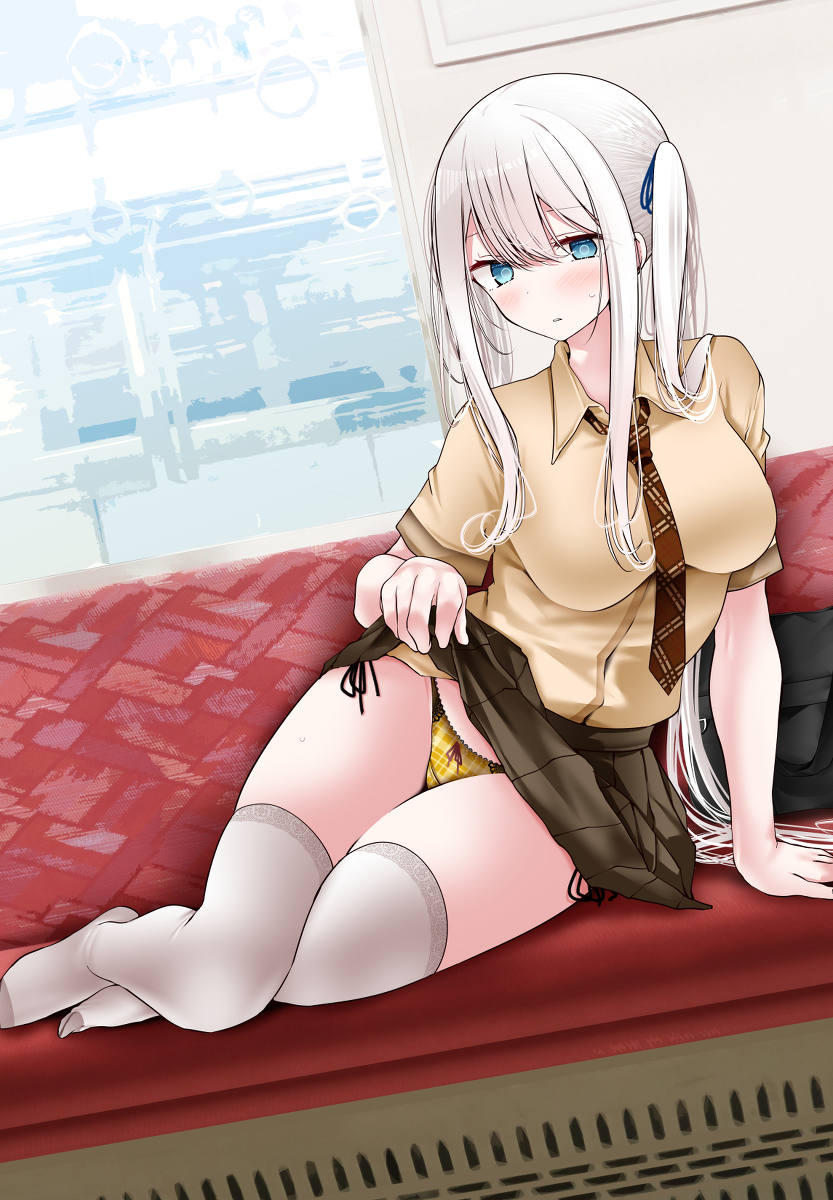 This is a pixiv picture whose title is 通勤電車でぱんつを見せてくる銀髪ツインテお嬢様JK.