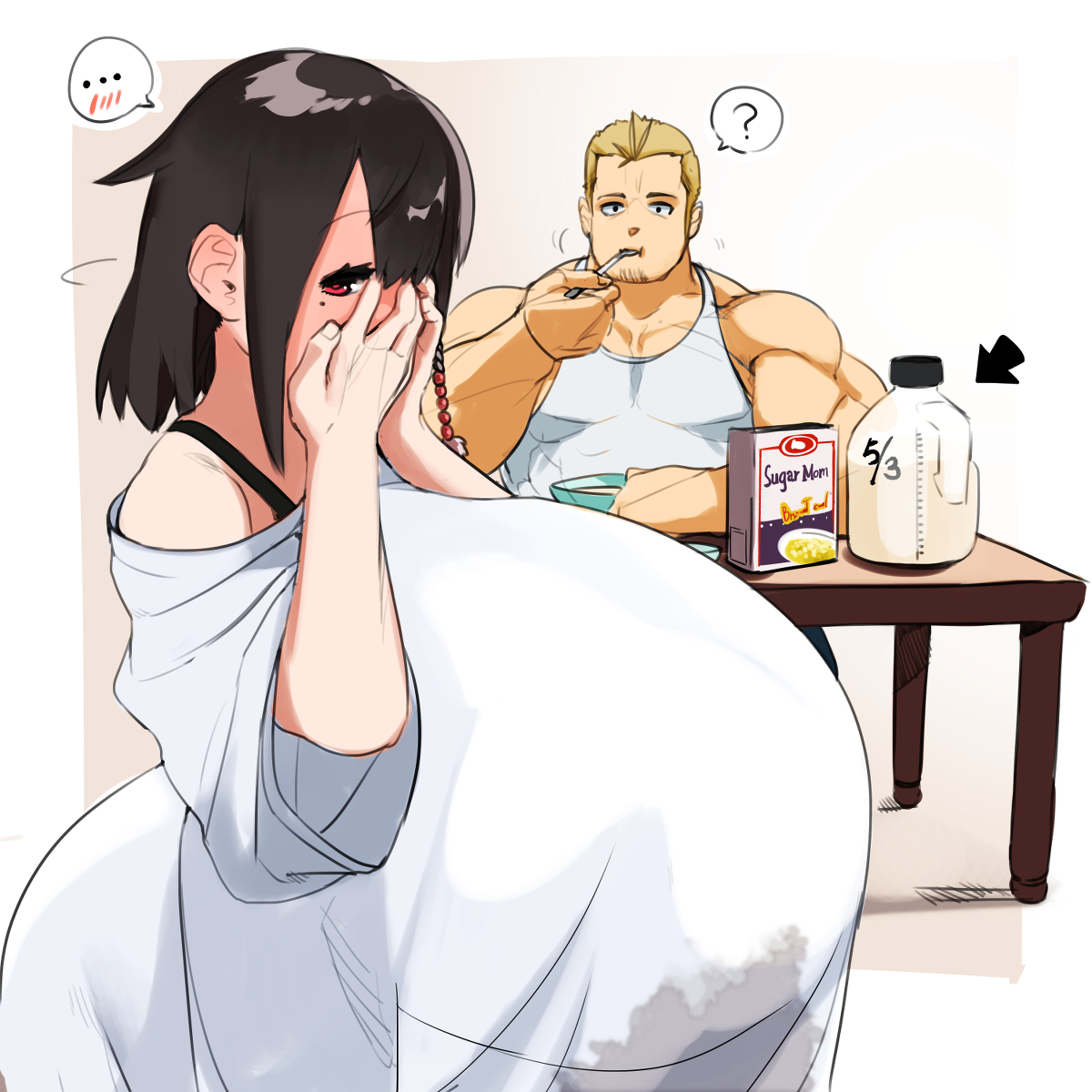 This is a pixiv picture whose title is 「おはよう。牛乳補充してくれたんだな。いつ買ったんだ？」.