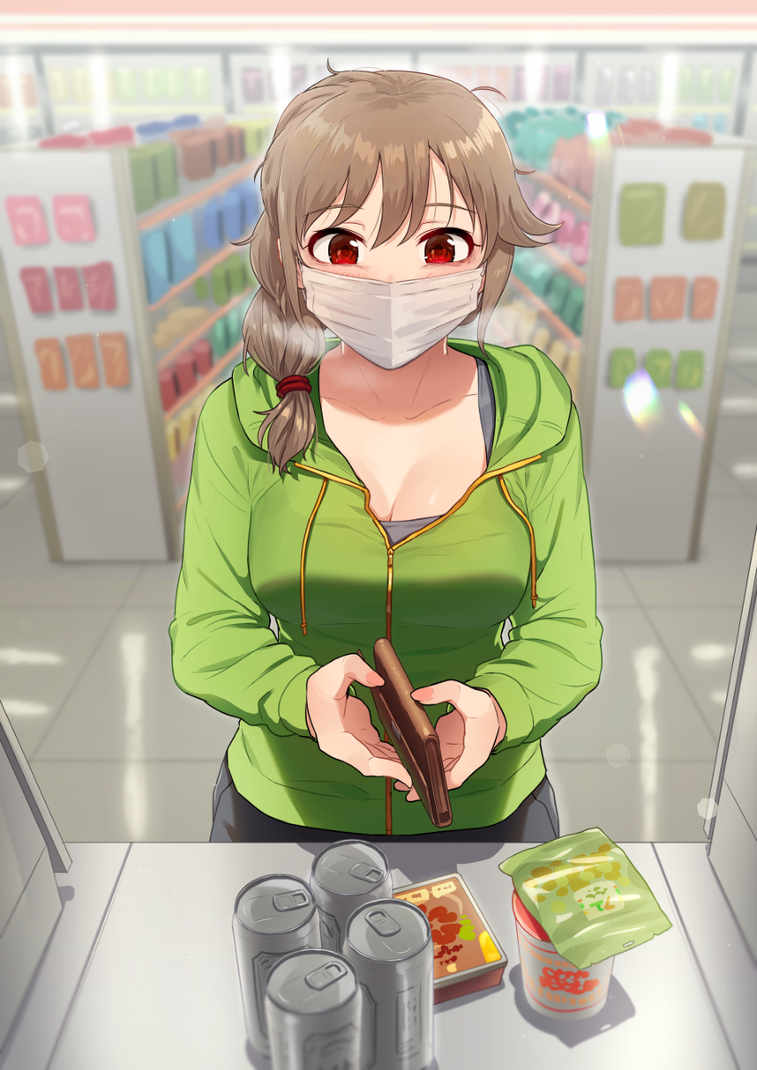 This is a pixiv picture whose title is 運動して我慢できずビールとおつまみを買っていくちひろさん.