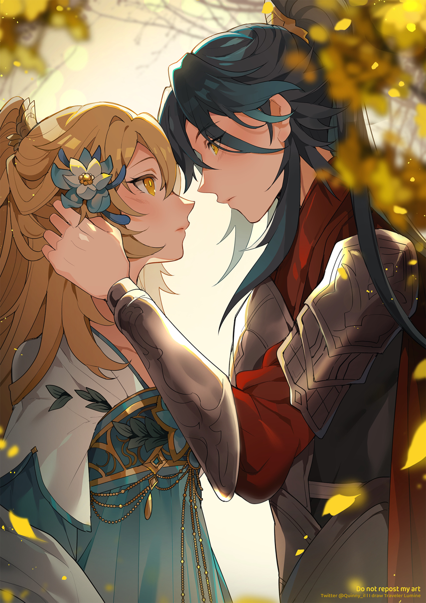 This is a pixiv picture whose title is 魈蛍 Xiao x Lumine.