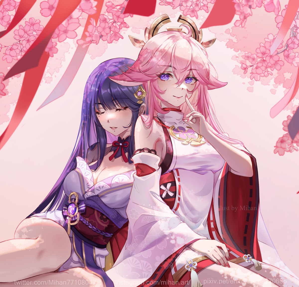 This is a pixiv picture whose title is Happy birthday to Ei and Miko.