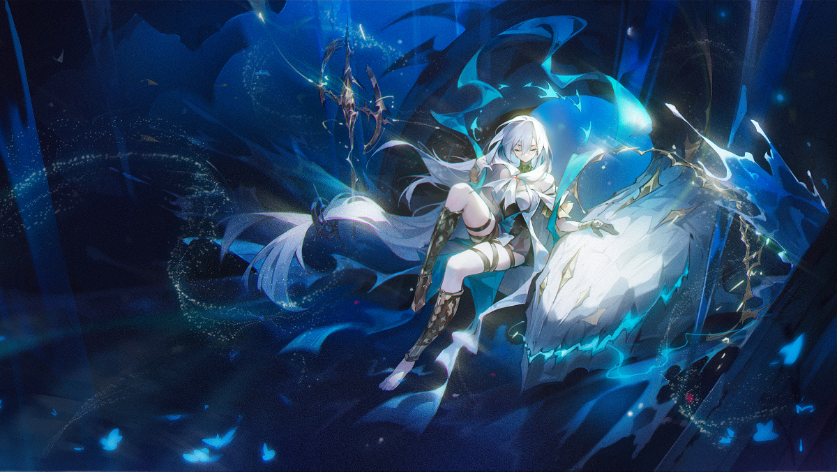 This is a pixiv picture whose title is 明日方舟斯卡蒂  白蓝红金画全了.