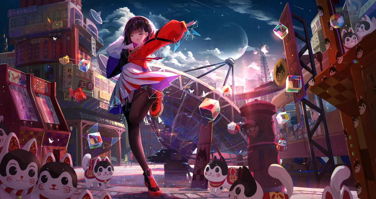 This is a pixiv picture whose title is レトロ街と夕暮れ.