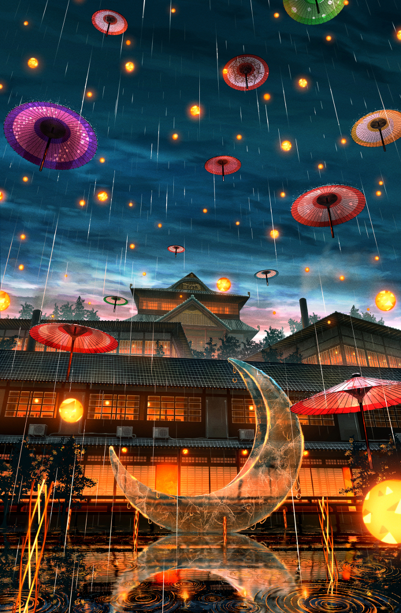 This is a pixiv picture whose title is 大炎刻街　「炎円亭　氷月ノ池」.