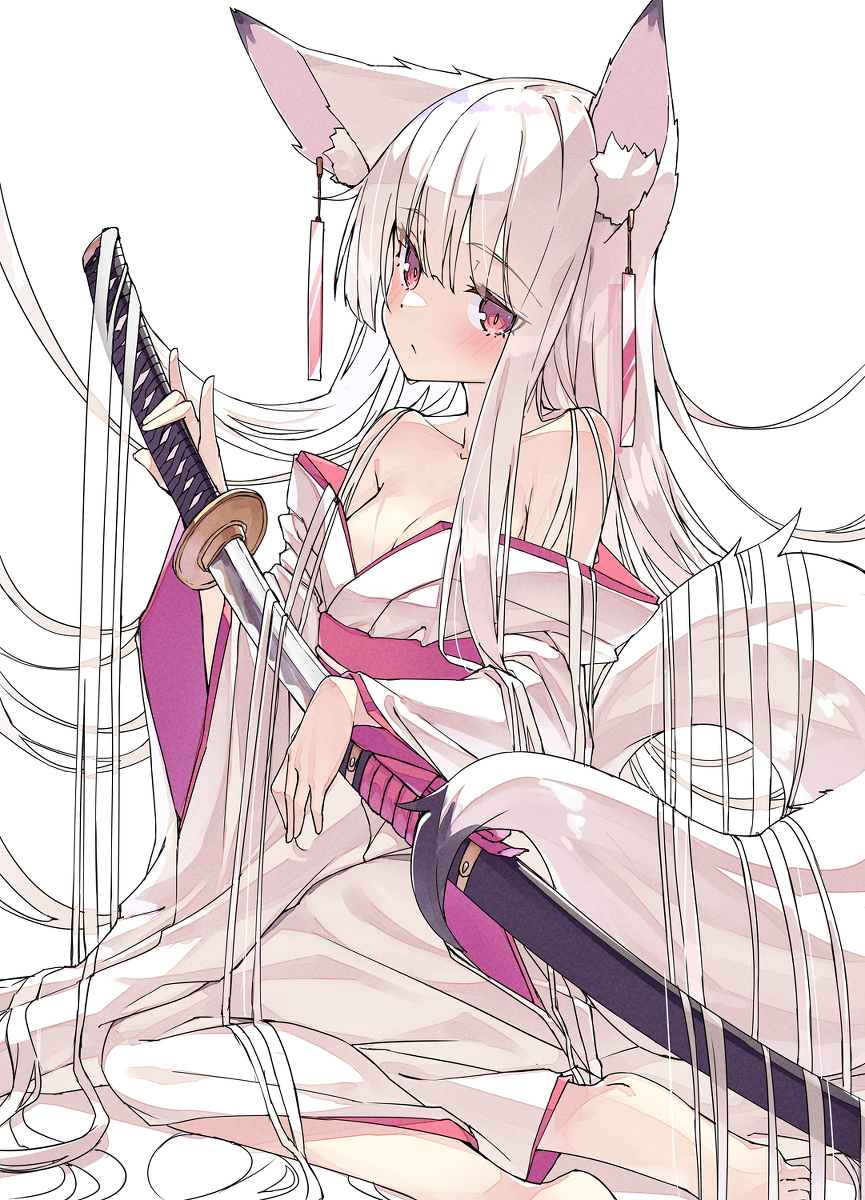 This is a pixiv picture whose title is 白髪狐和装刀.