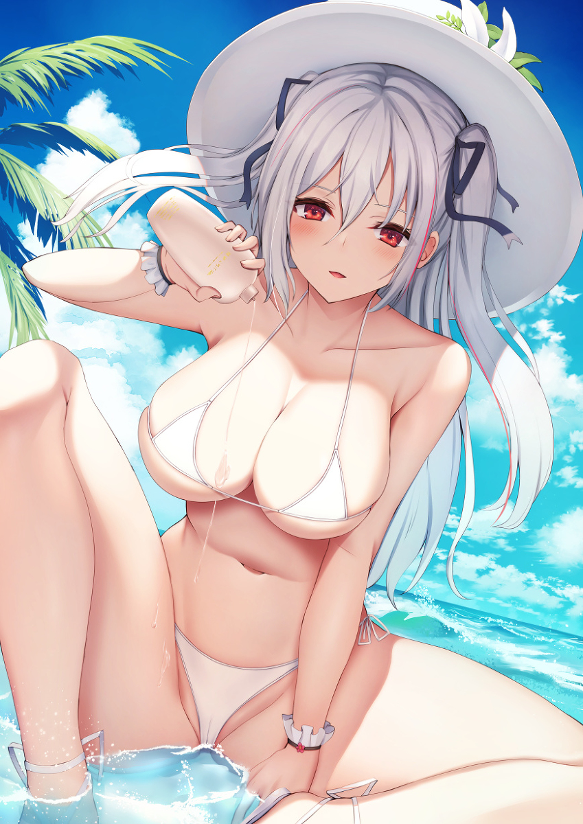 This is a pixiv picture whose title is 水着銀髪娘.