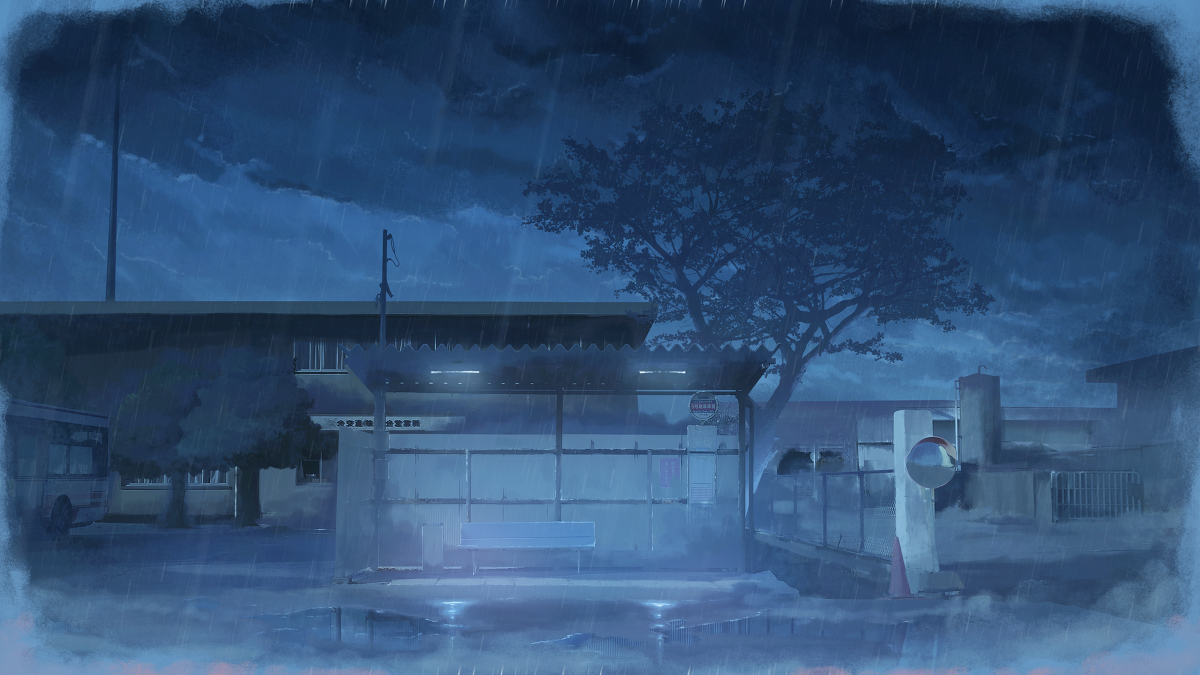 This is a pixiv picture whose title is 雨のバス停.