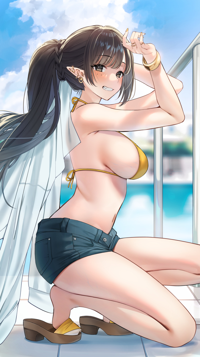 This is a pixiv picture whose title is 黒髪エルフちゃんとプール.