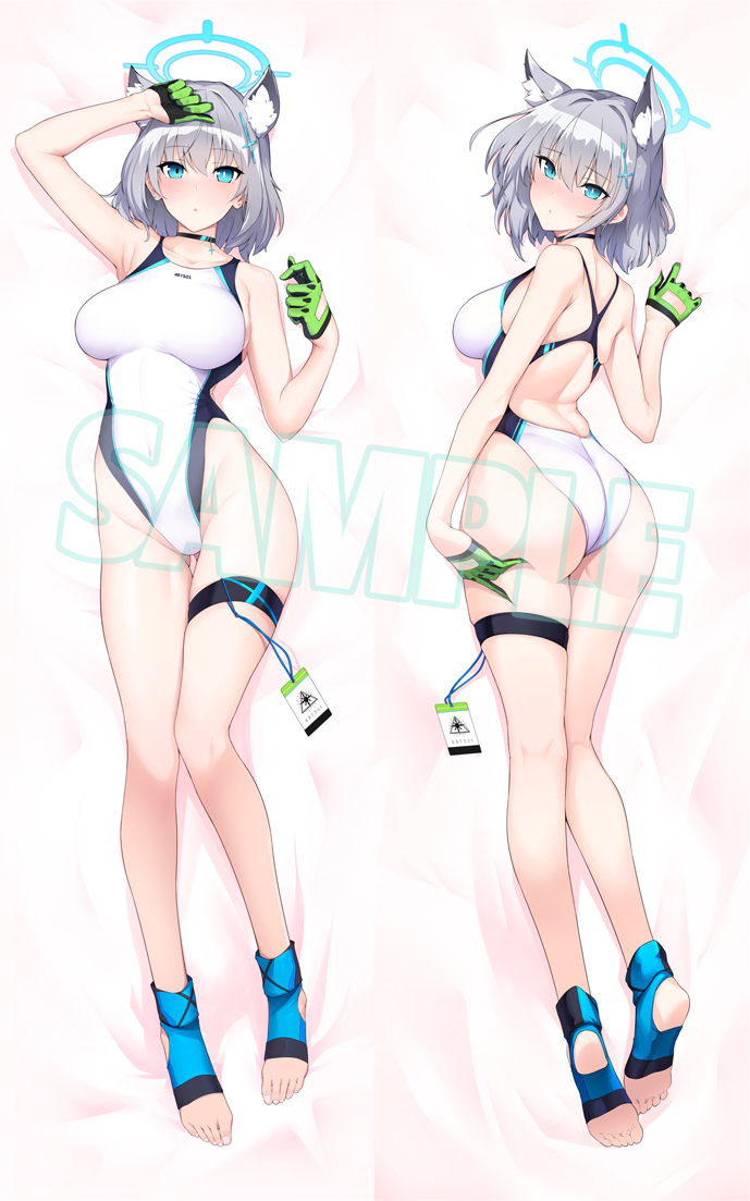 This is a pixiv picture whose title is 競泳水着シロコ抱き枕カバー.