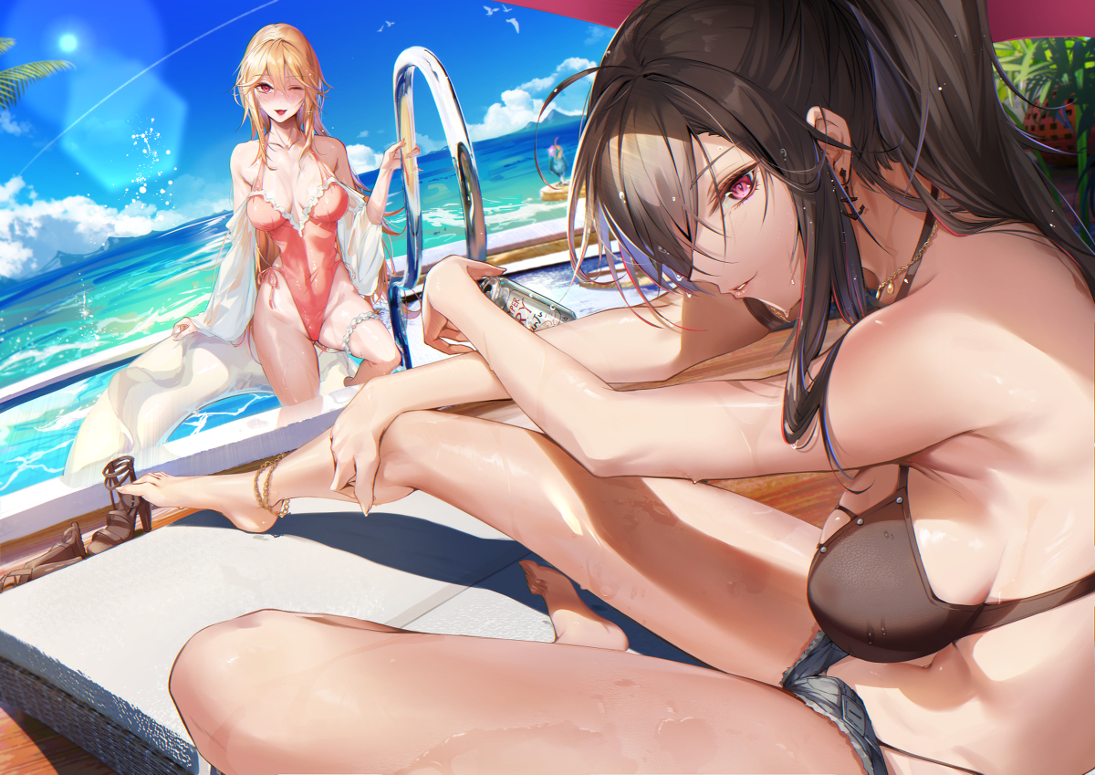 This is a pixiv picture whose title is 水着姉妹とバカンス.