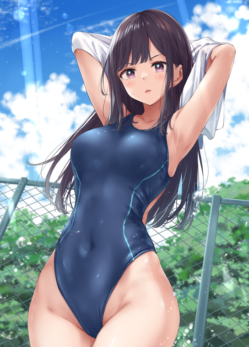 This is a pixiv picture whose title is 「仕方ないわね...」と言いつつバッチリ着込んで泳ぐ気満々の先輩.
