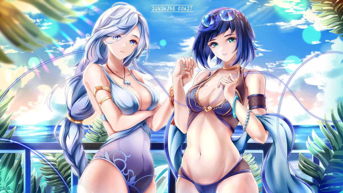 This is a pixiv picture whose title is 【申鶴·夜蘭】陽光海岸.