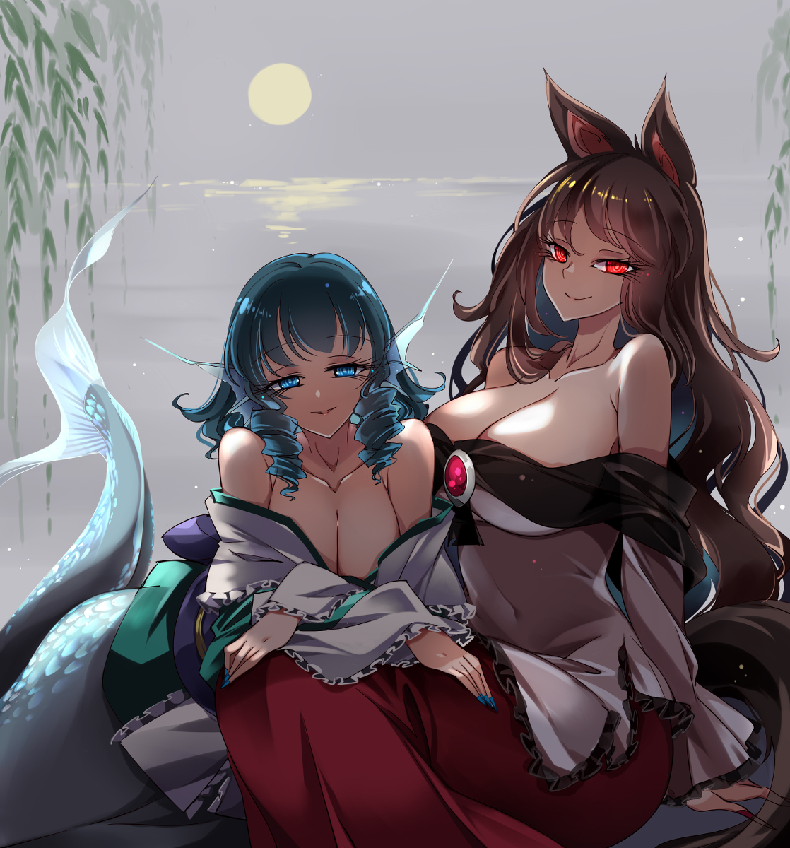 This is a pixiv picture whose title is 柳下月夜.