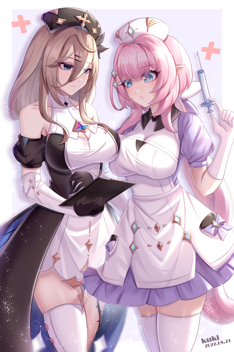 This is a pixiv picture whose title is 爱莉和阿波尼亚的护士装.