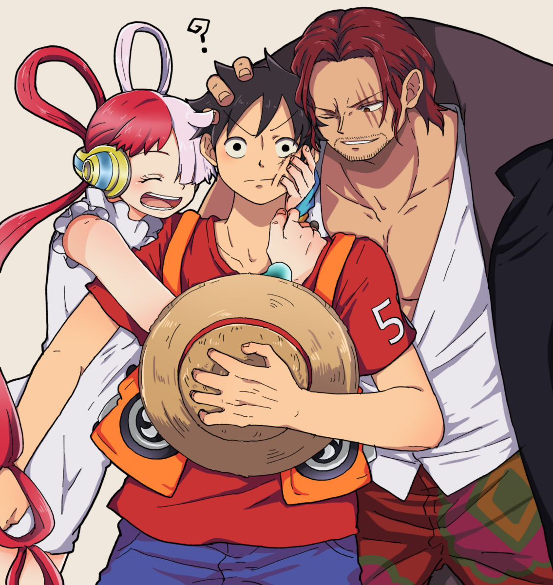 This is a pixiv picture whose title is 赤髪親子サンド.