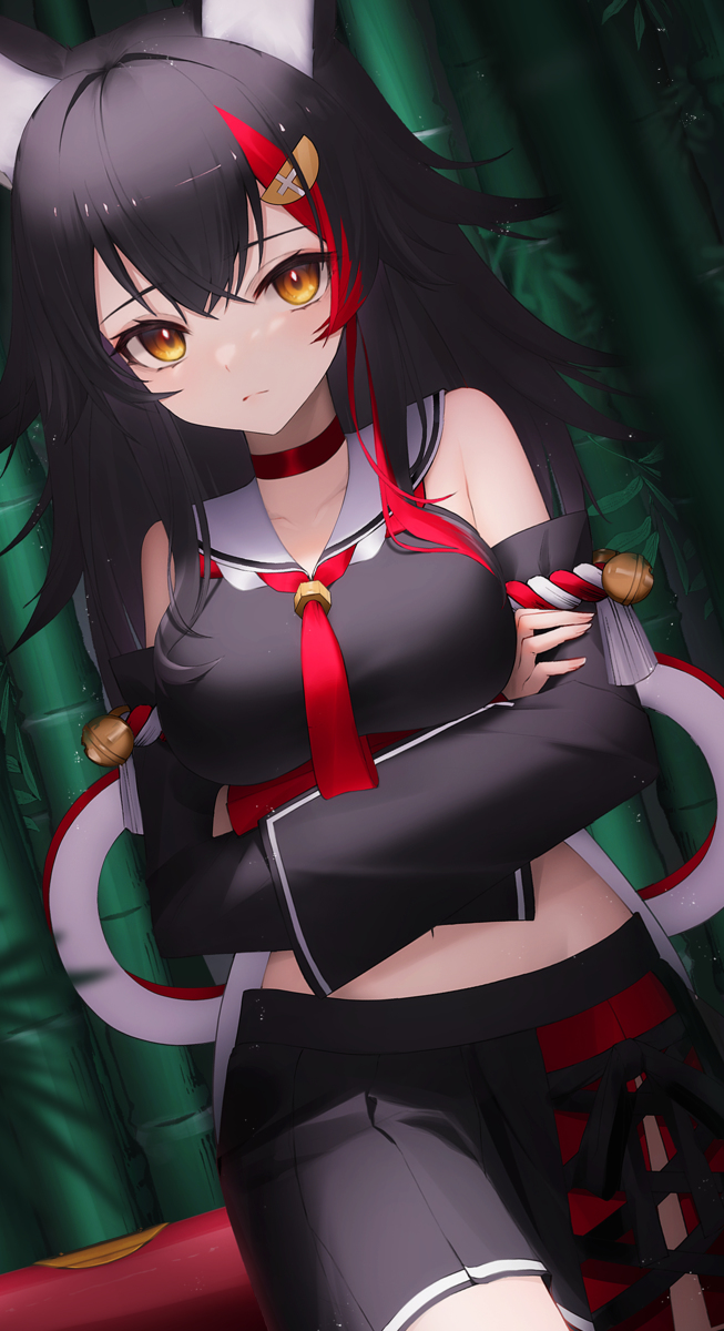 This is a pixiv picture whose title is 夜の竹藪で狼に出会いました。ついていく? 1,Yes 2,No.