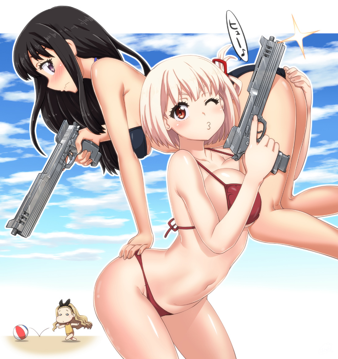 This is a pixiv picture whose title is リコリコと銃と水着.