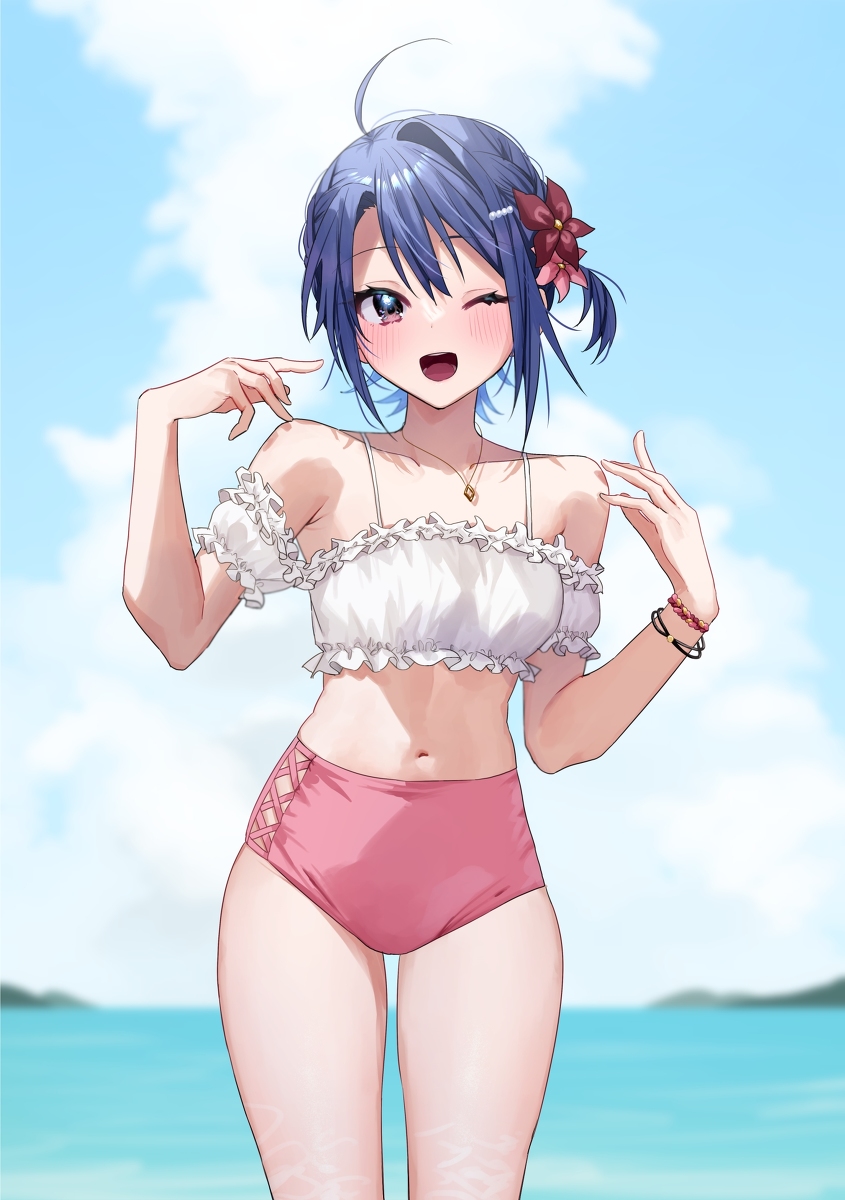 This is a pixiv picture whose title is 兄貴、この水着かわいい？.