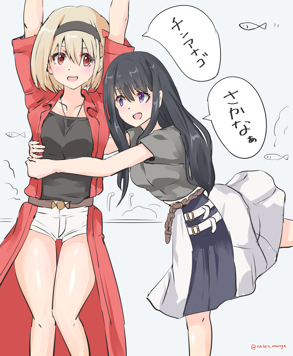 This is a pixiv picture whose title is さかなのフリをしてチンアナゴの千束に抱きつくたきな.